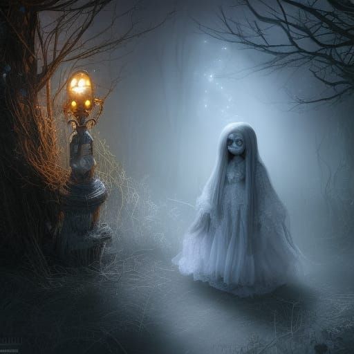 Creepy Ghost Doll in Haunted Forest Concept Art