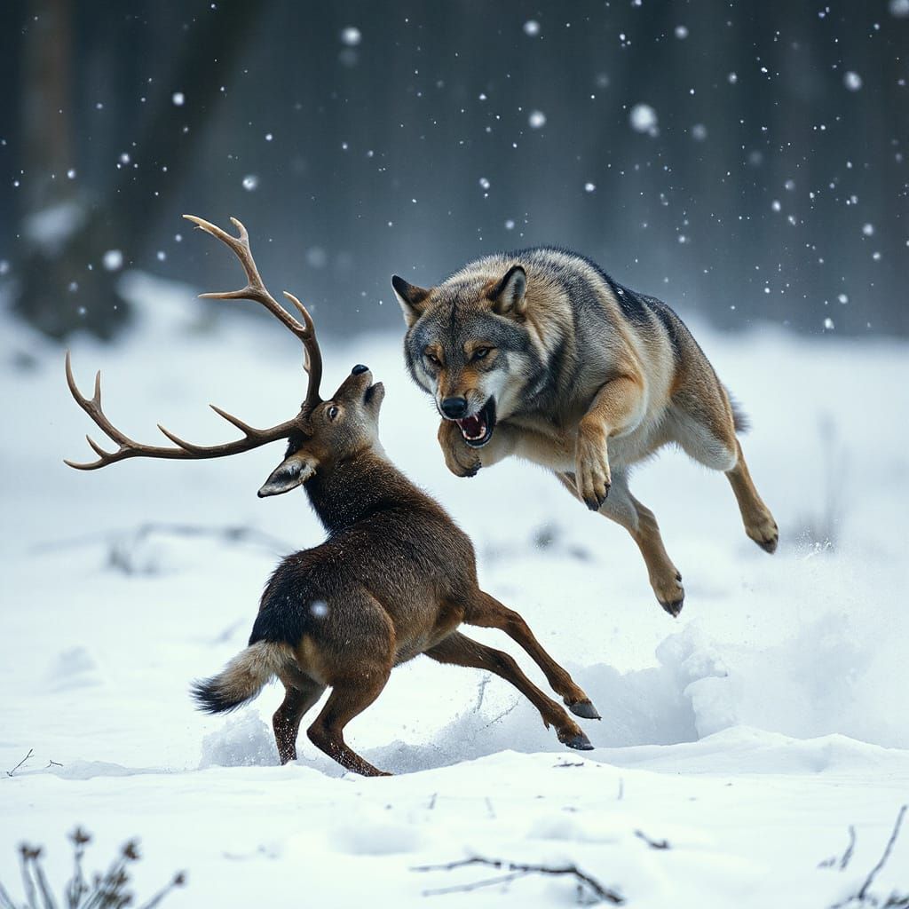 Wolf Lunges at Deer in Snowy Forest Action Shot