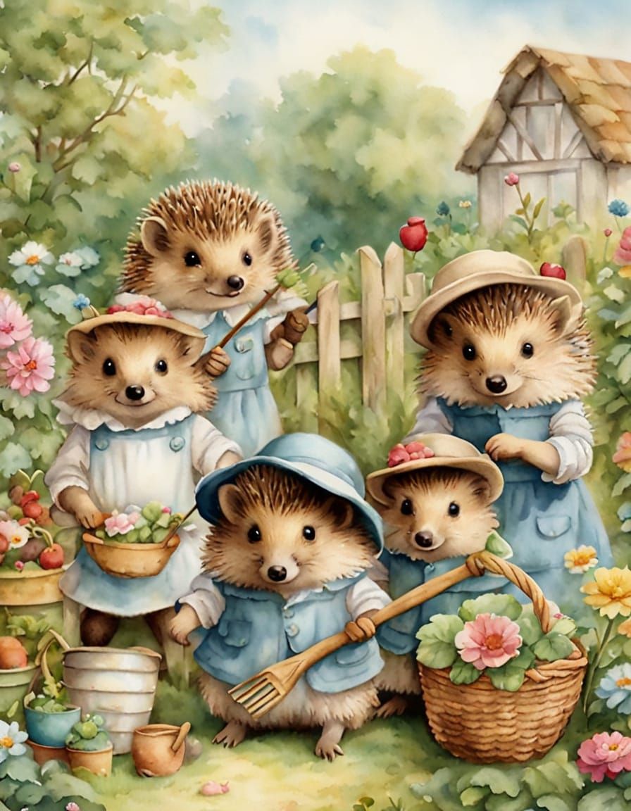 Charming Hedgehogs in a Beatrix Potter Garden Scene