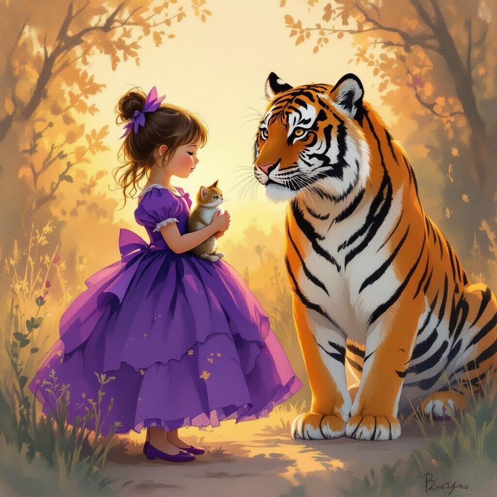 Girl in Purple Dress with Kitten and Tiger