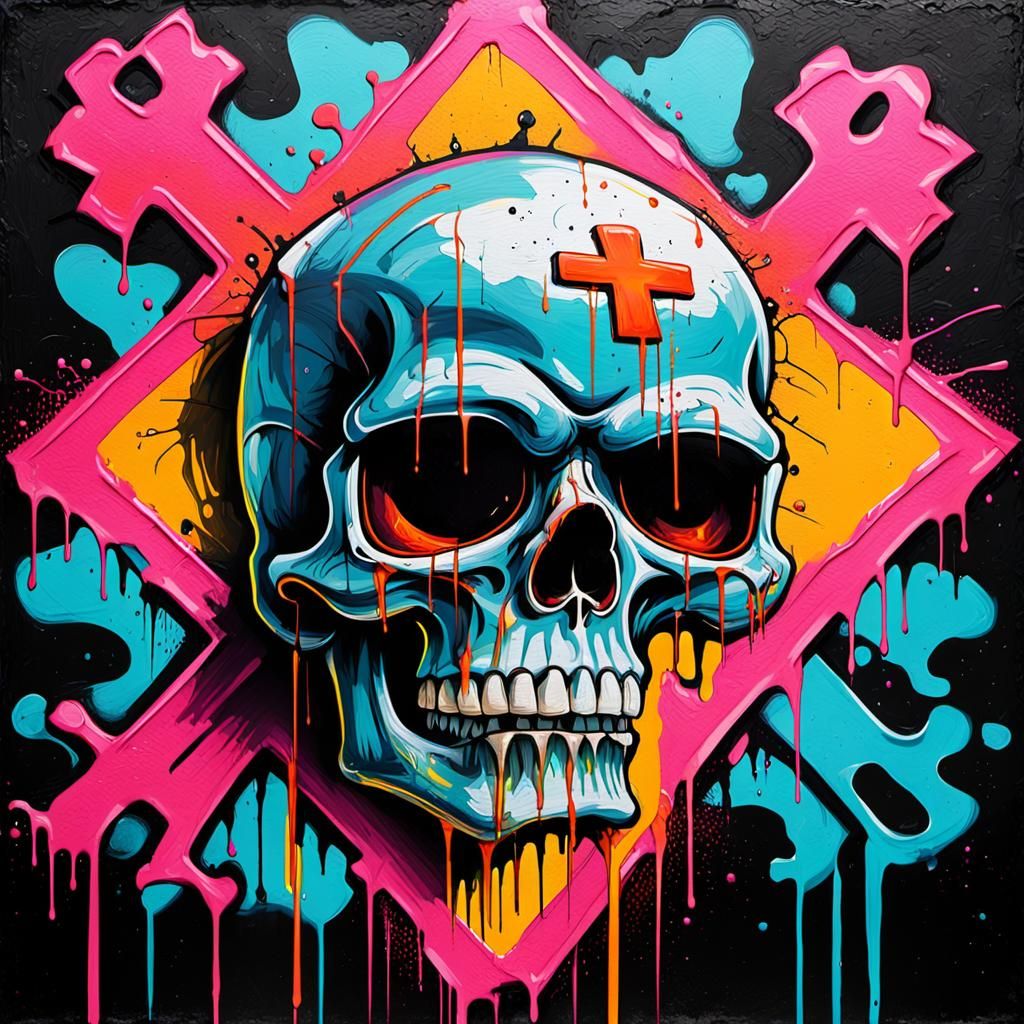 Graffiti Art Skull with Cross in Neon Hues