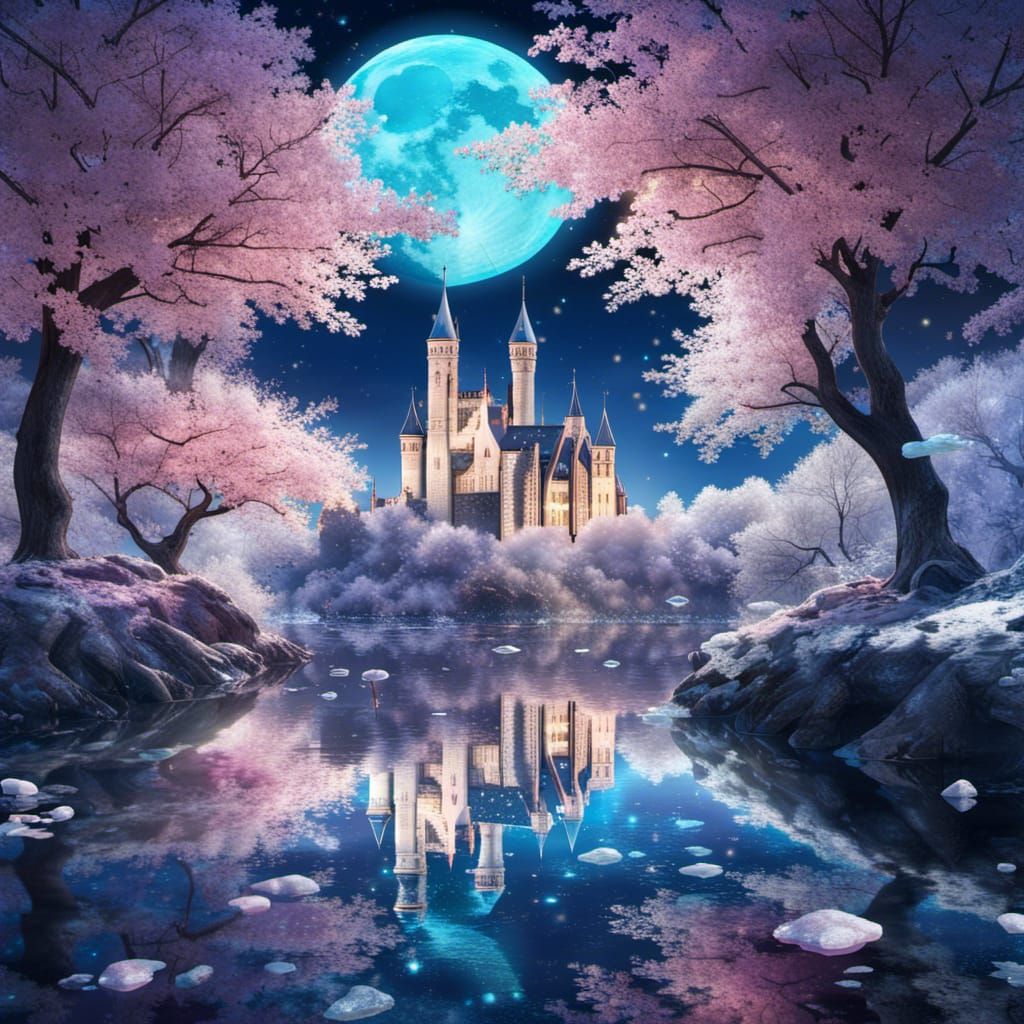 Icy Landscape with Fantasy Glass Castle and Prismatic Water