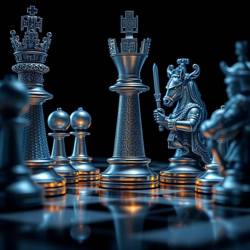 Silver Pixel Art Chessboard in Dark Academia Style