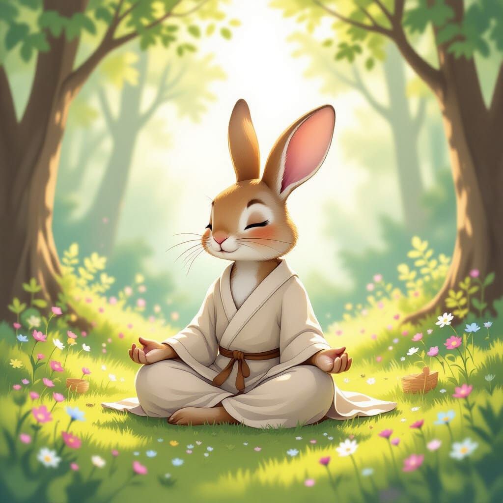 Meditating Rabbit in Sun-Dappled Forest Clearing