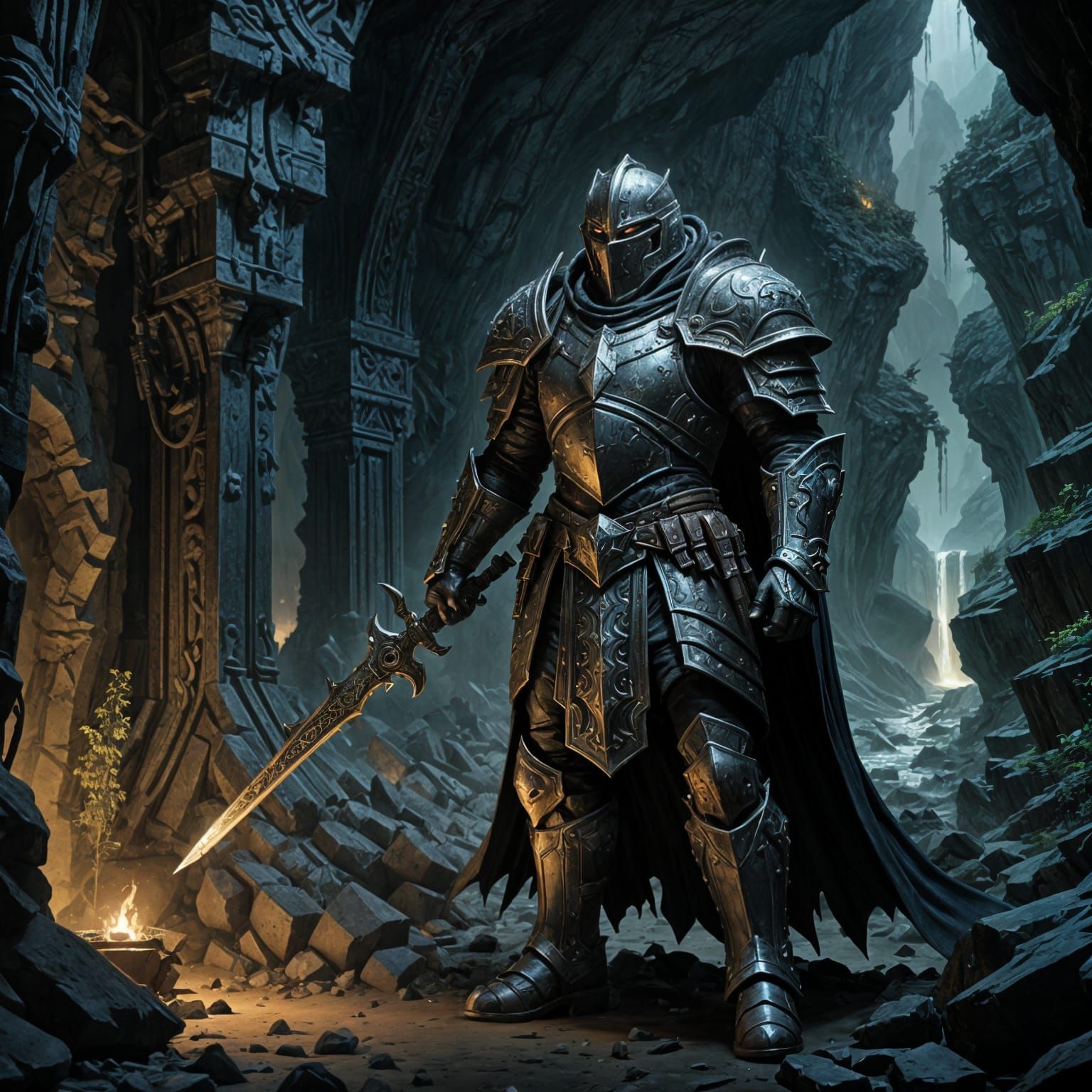 Cyberpunk Fantasy Paladin Unleashes Fury in Dark Cave Realm