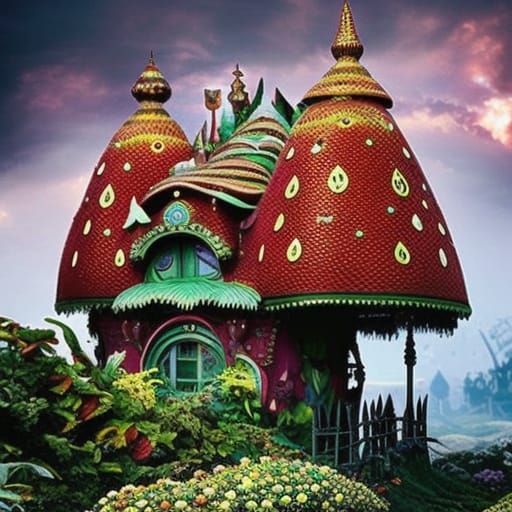 Strawberry House Village in Lush Fantasy Garden