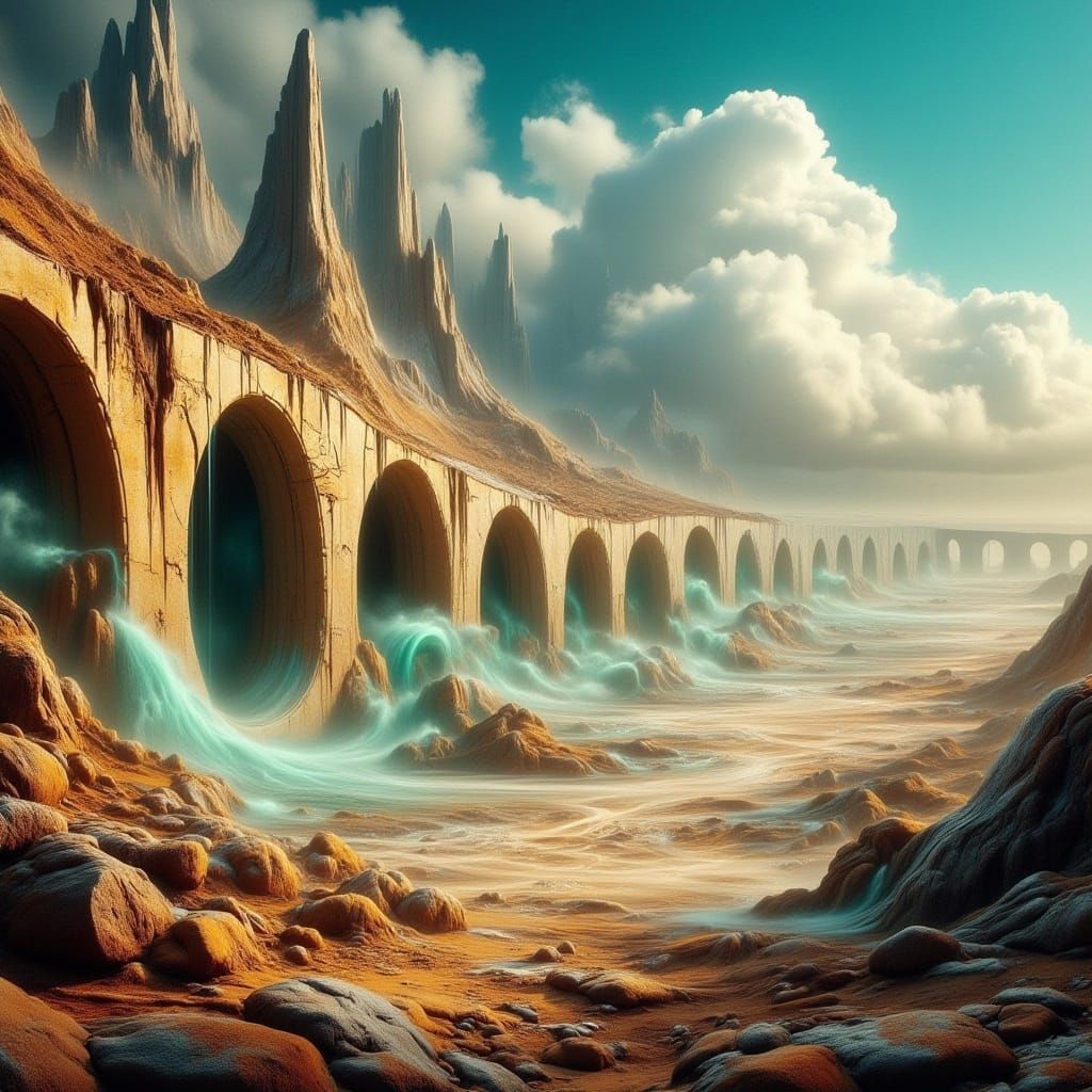 Alien Landscape with Marble Viaducts and Iridescent Skies
