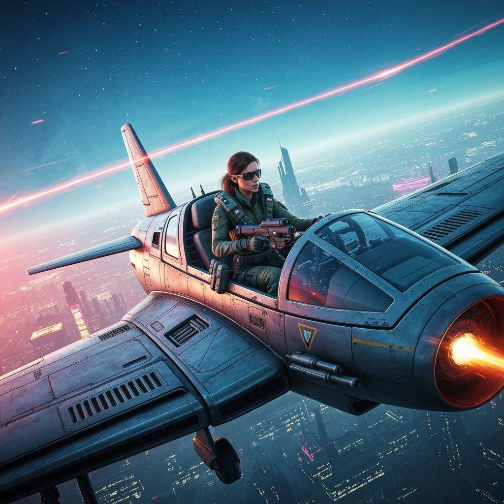Sci-Fi Soldier Pilot in Retro Aircraft Combat