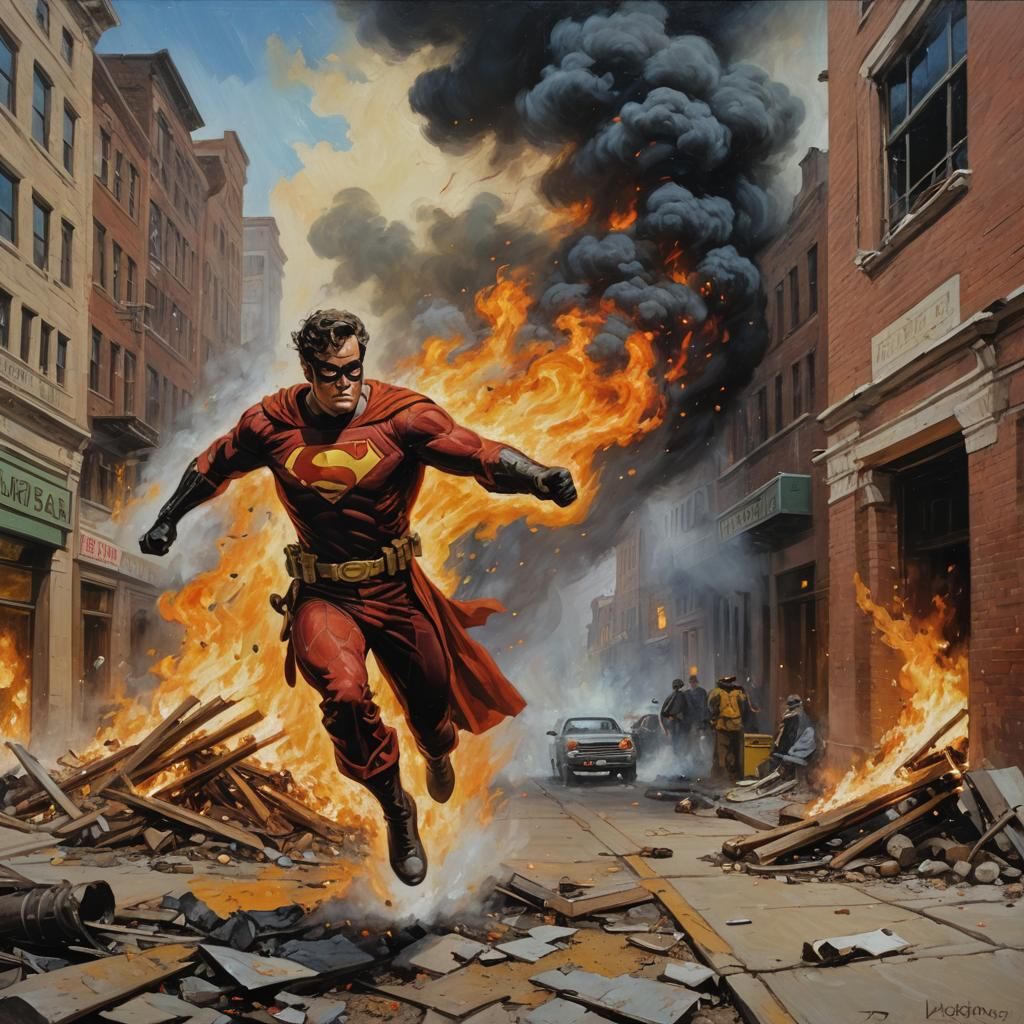 Superhero Escaping Fire in Oil Painting Style
