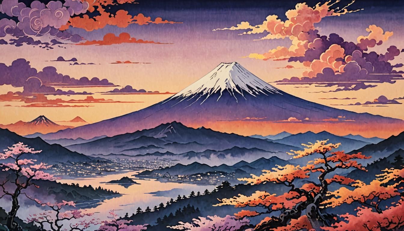 Mount Fuji Sunset: Vibrant Ukiyo-e Landscape