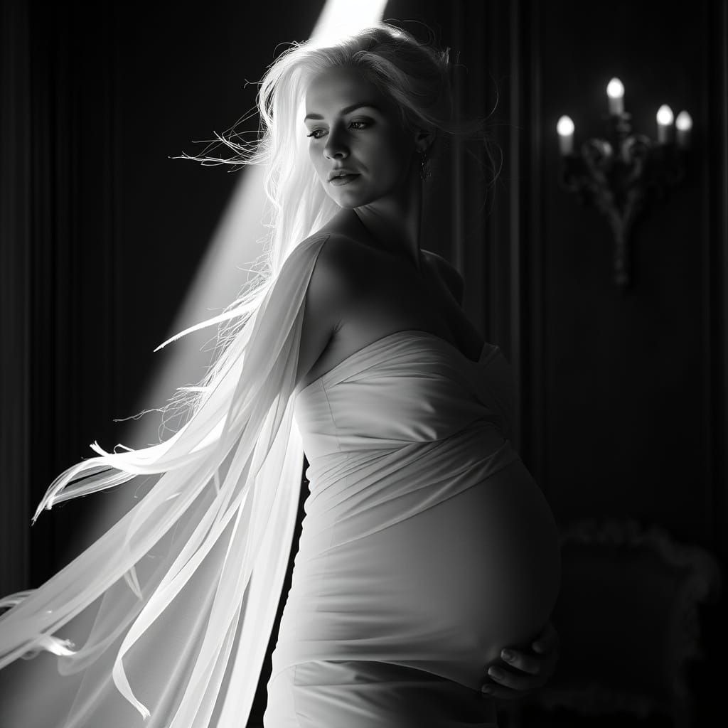 Elegant Pregnant Woman in Rococo Style, Black and White