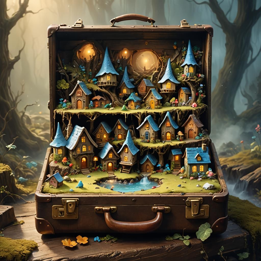 Gnome Village in Suitcase: Surrealist Oil Painting