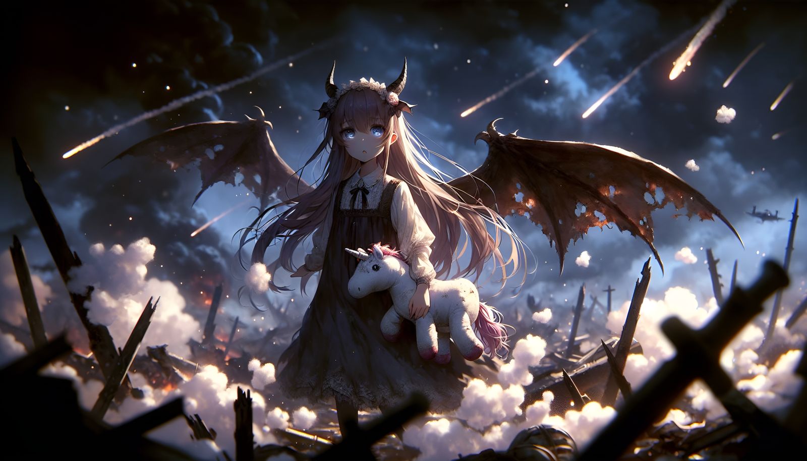 Anime Dragon Girl Amidst War, Dark Fantasy Style