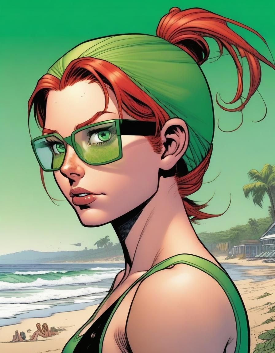 Redhead in Green Bikini: Comic Book Art