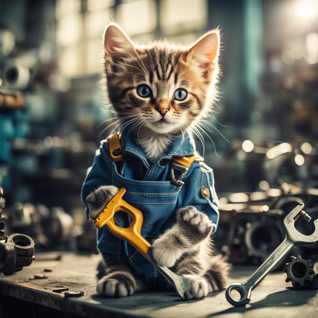 Kitten Mechanic Portrait with Wrench in Sunny Shop