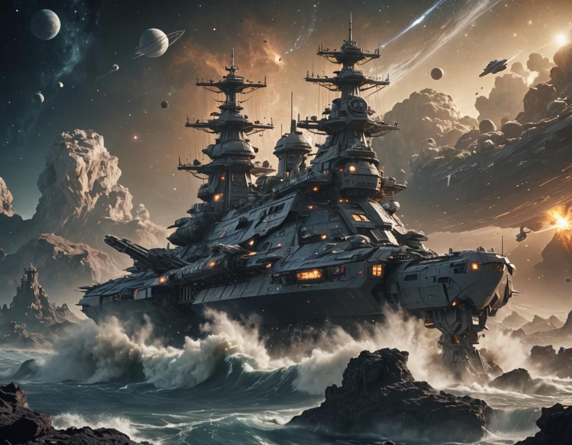 Epic Space Battleship Over a Planet, 3D Render
