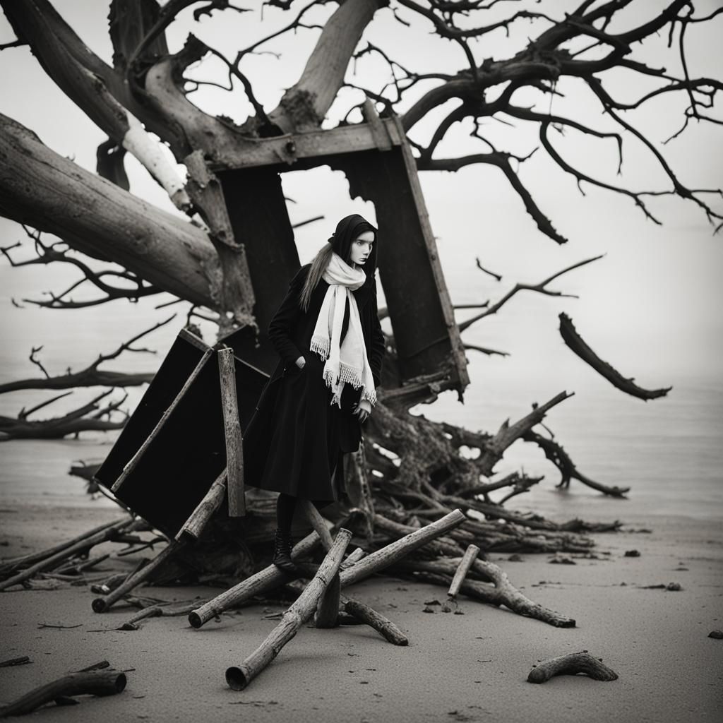 Eerie Graveyard Scene with Goth Model in Black and White