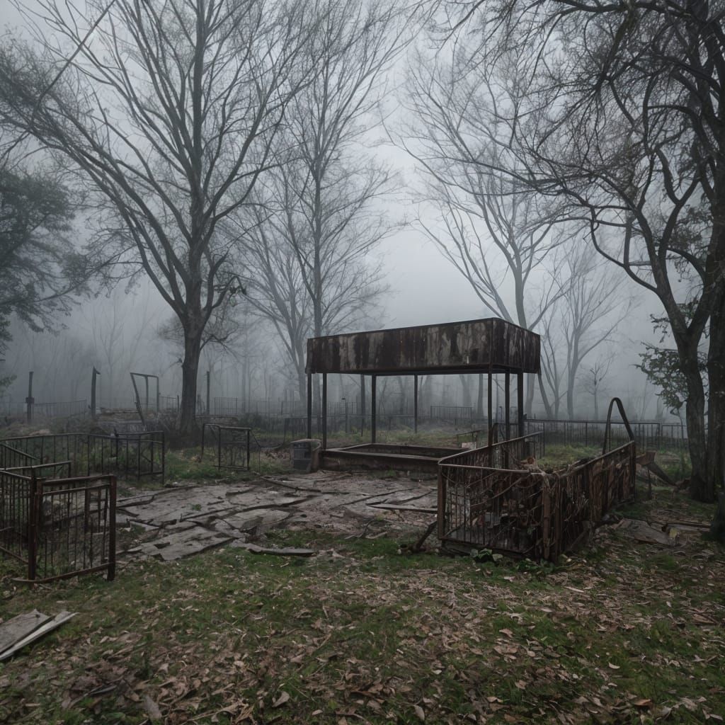 Eerie Overgrown Playground in Silent Fog