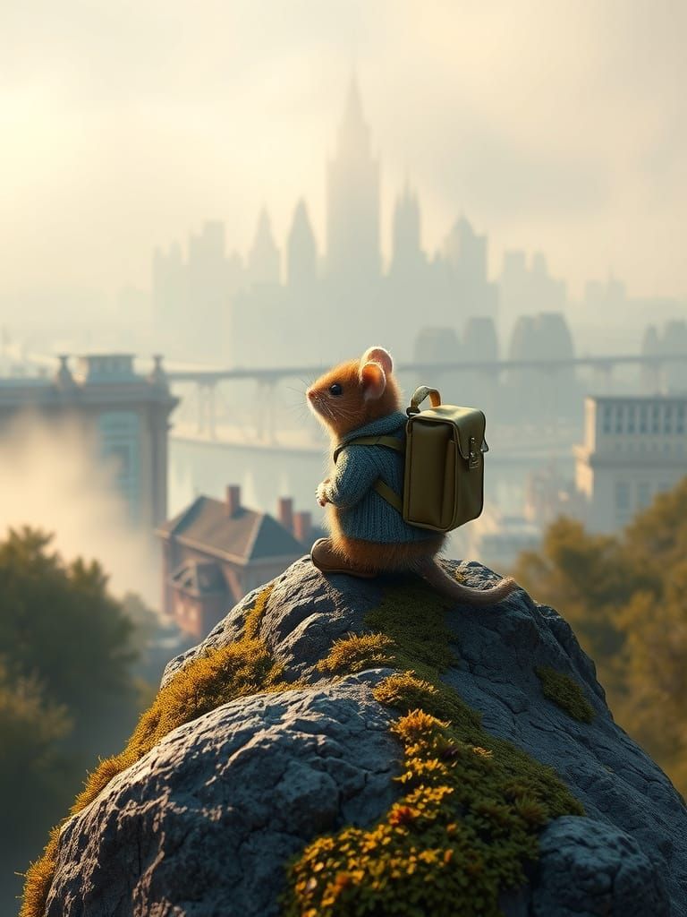 Mouse Explorer Gazing at Cityscape in Romantic Style