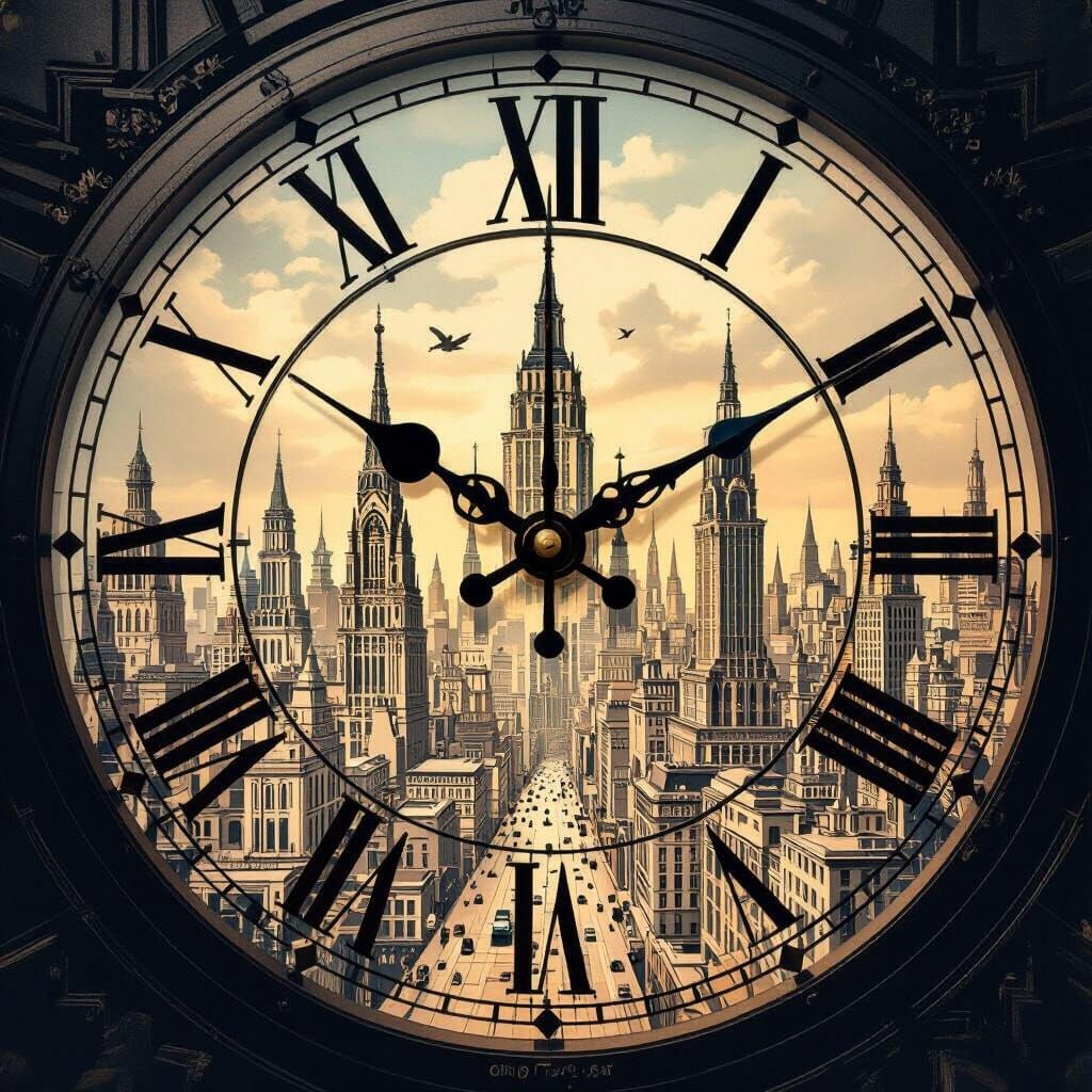 Surreal Clockwork Cityscape with Detached Second Hand