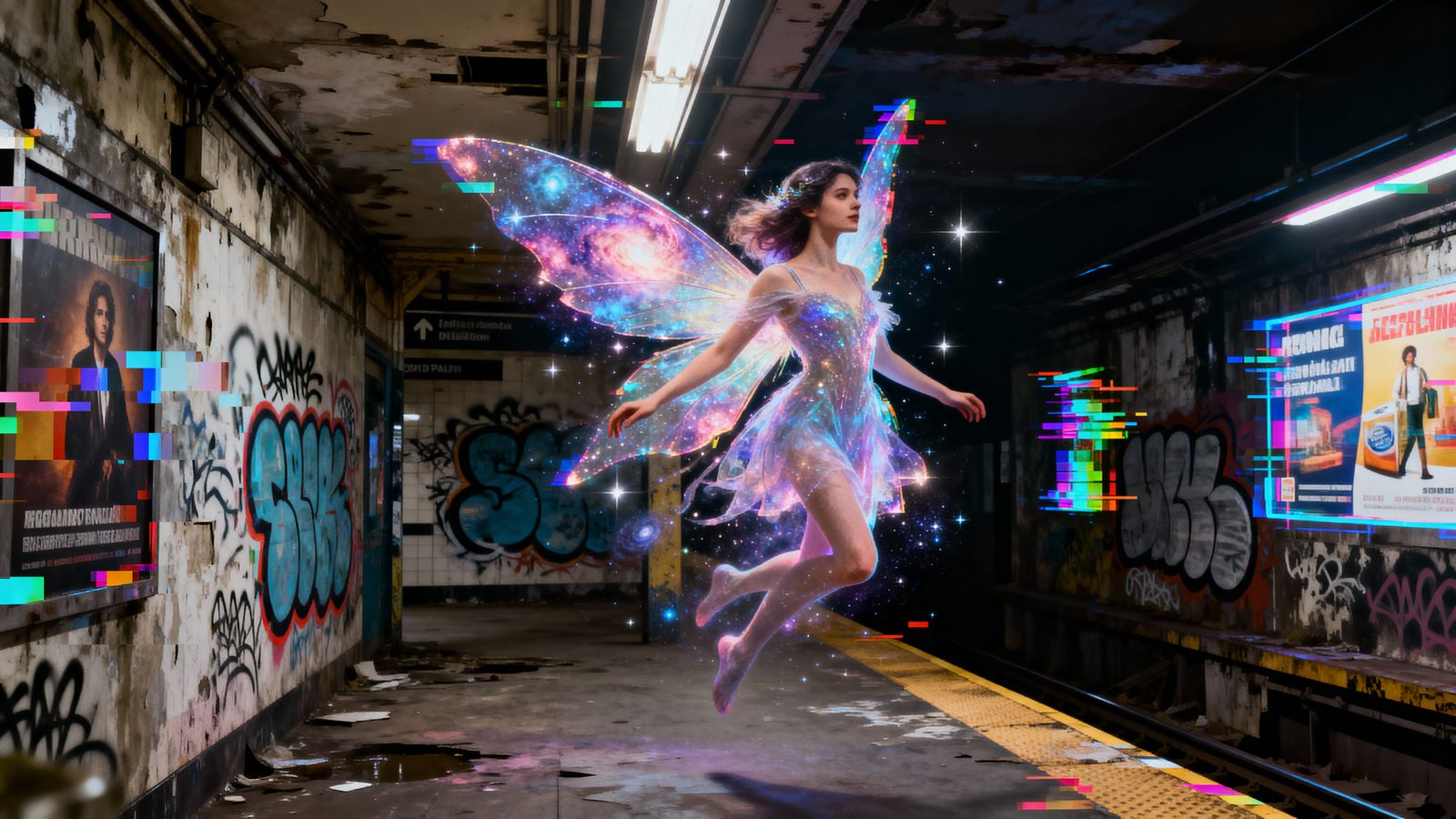Fairy with Nebula Wings in Graffiti Subway Station