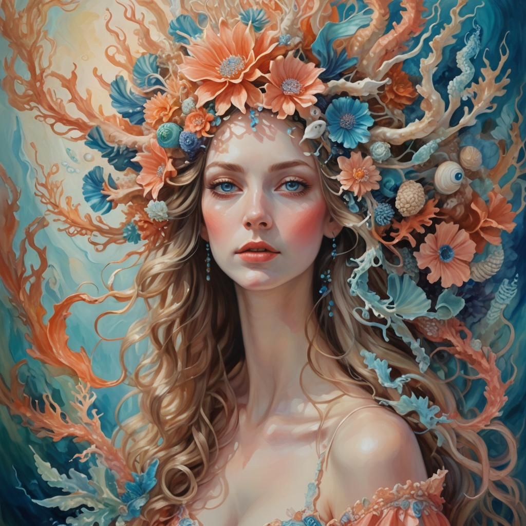 Coral Reef Woman in Vibrant Oil Painting