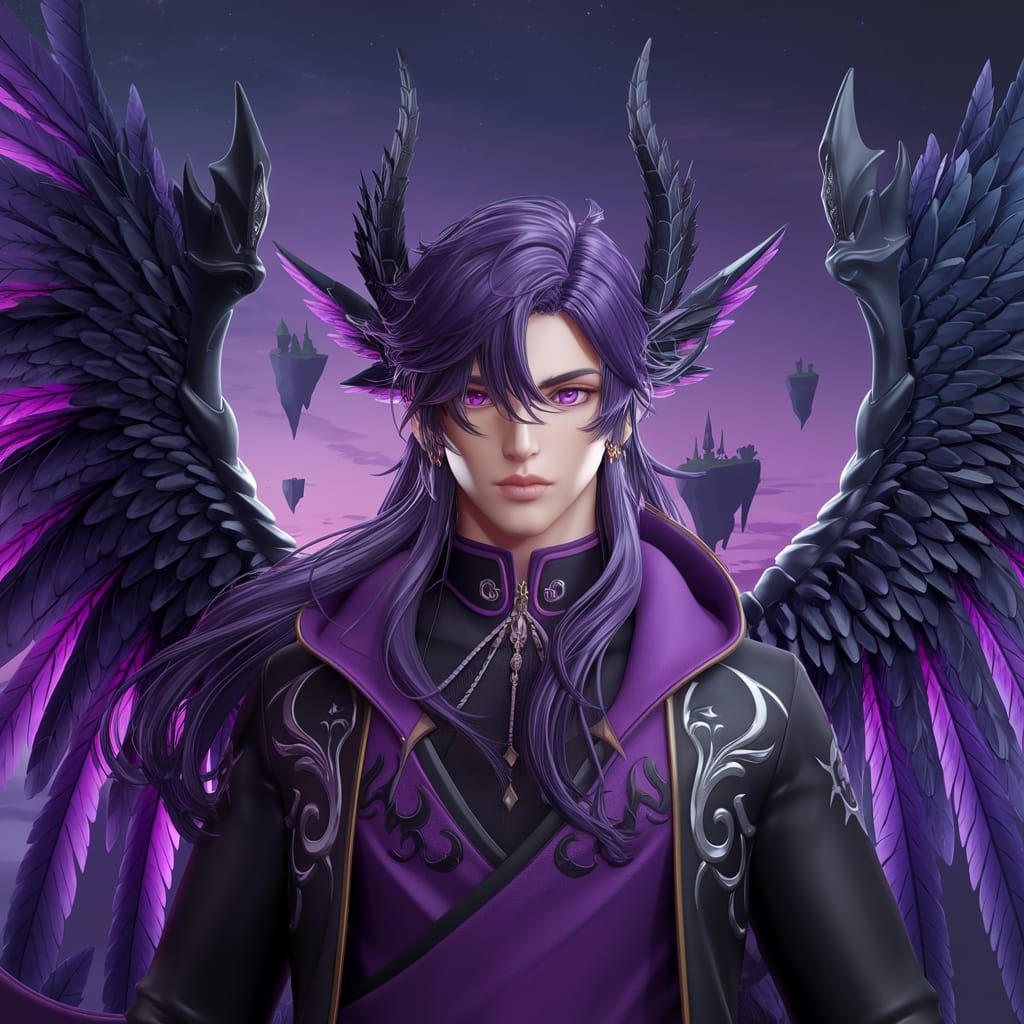 Anime Character with Purple Wings in 3D Concept Art