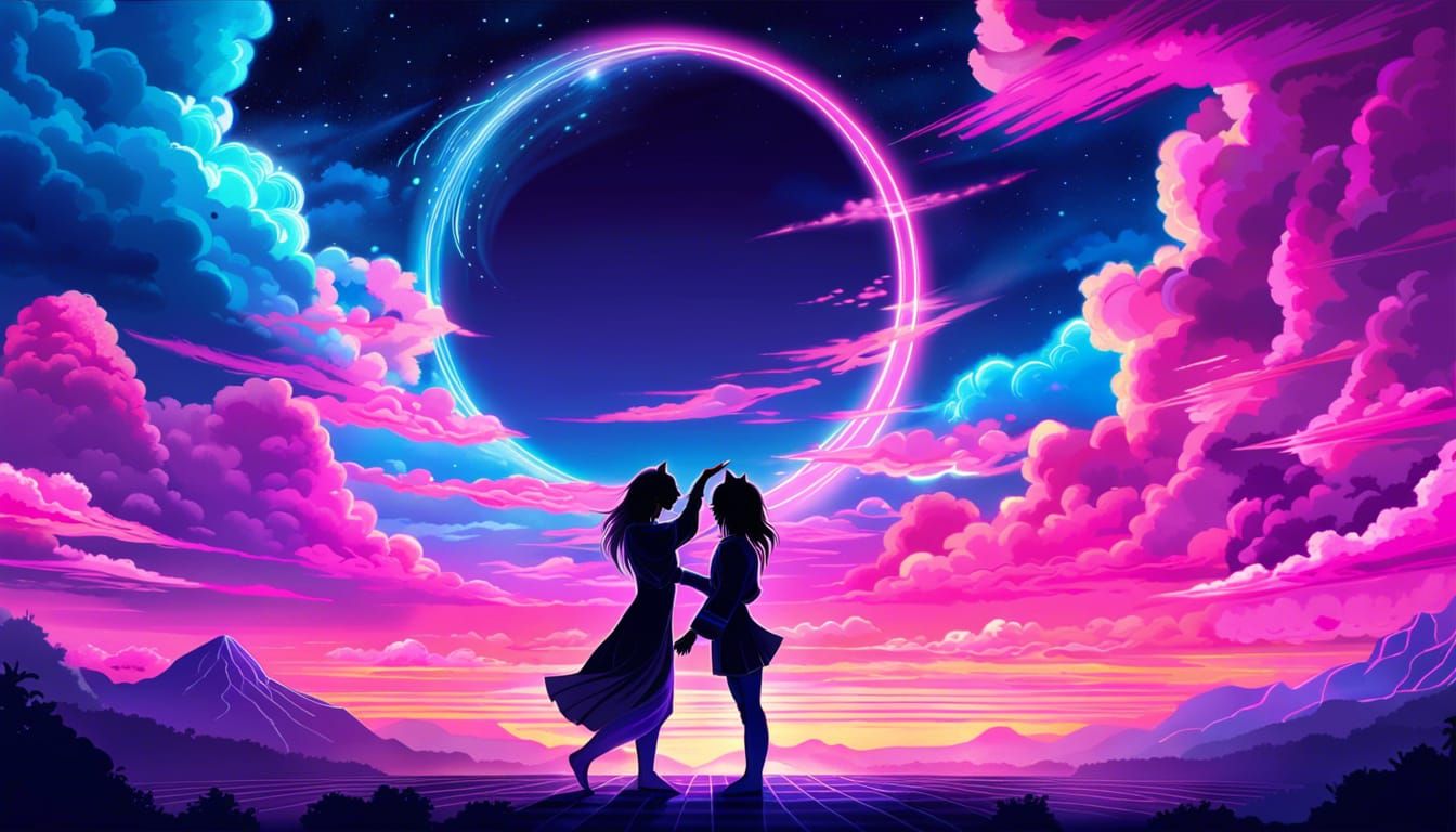 Synthwave Realm: Cat Girls Kiss in Ukiyo-e Style