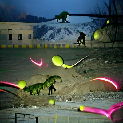 Neon Dinosaurs Play Tennis in Afghanistan Night