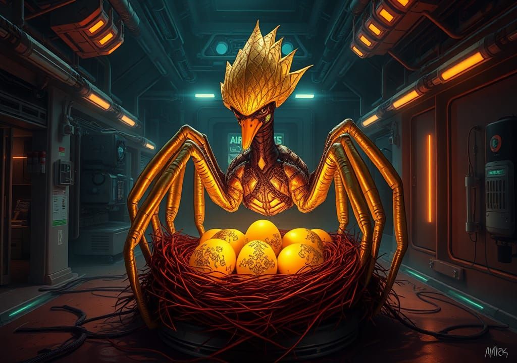 Golden Spider-Duck Hybrid in Dystopian Lab, Sci-Fi Horror