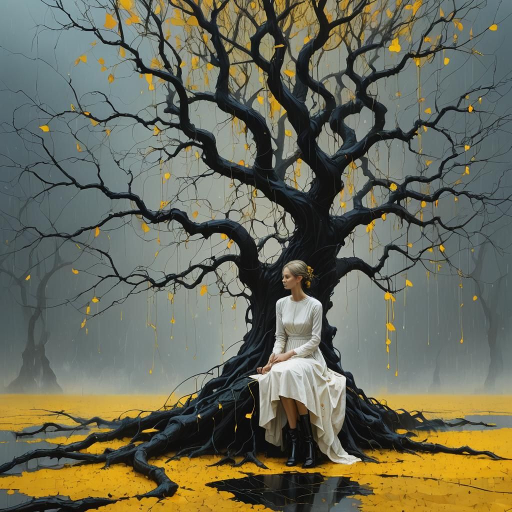 Surreal Lady in Black and Yellow Rain