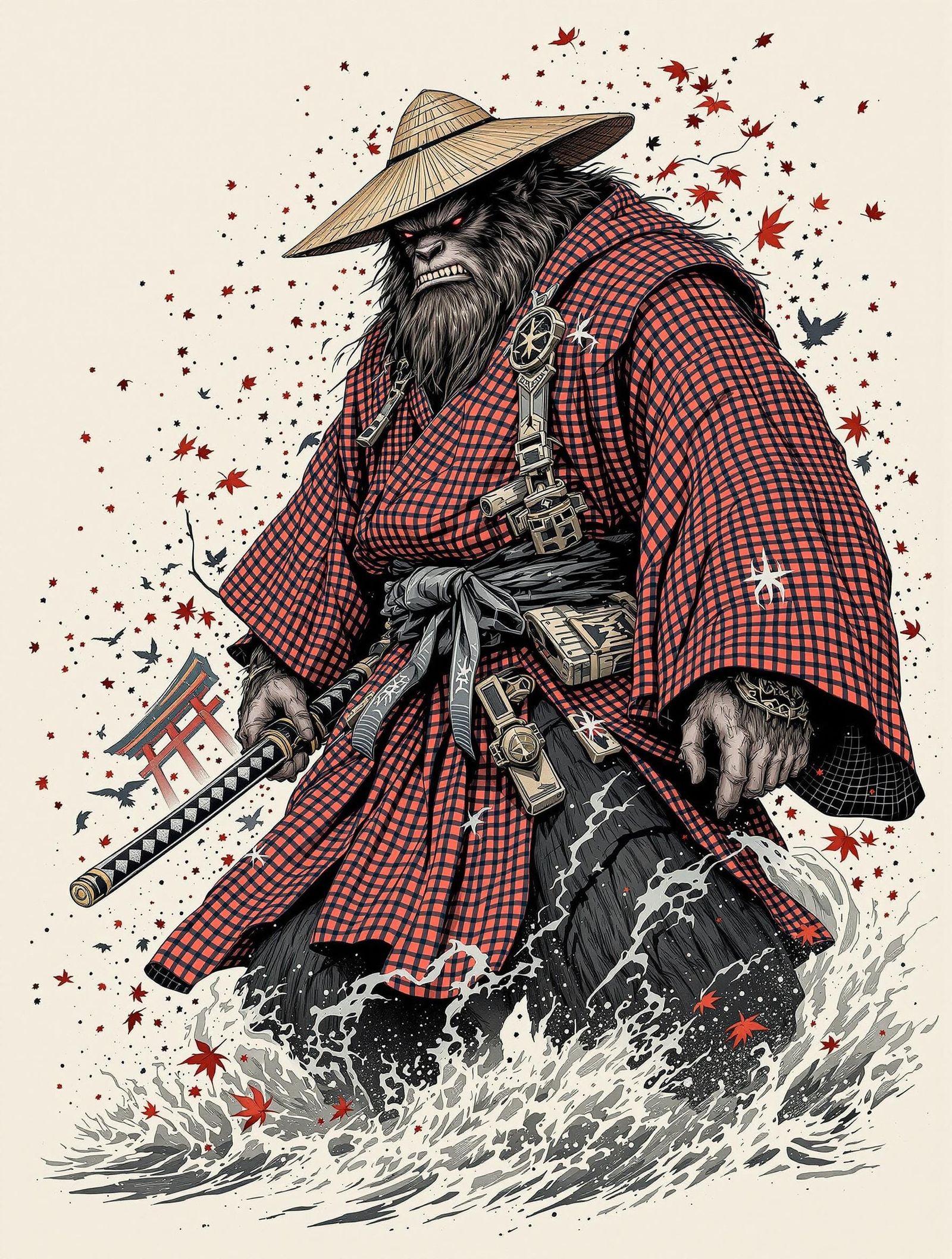 Ronin Samurai Sasquatch in Gingham Cloak