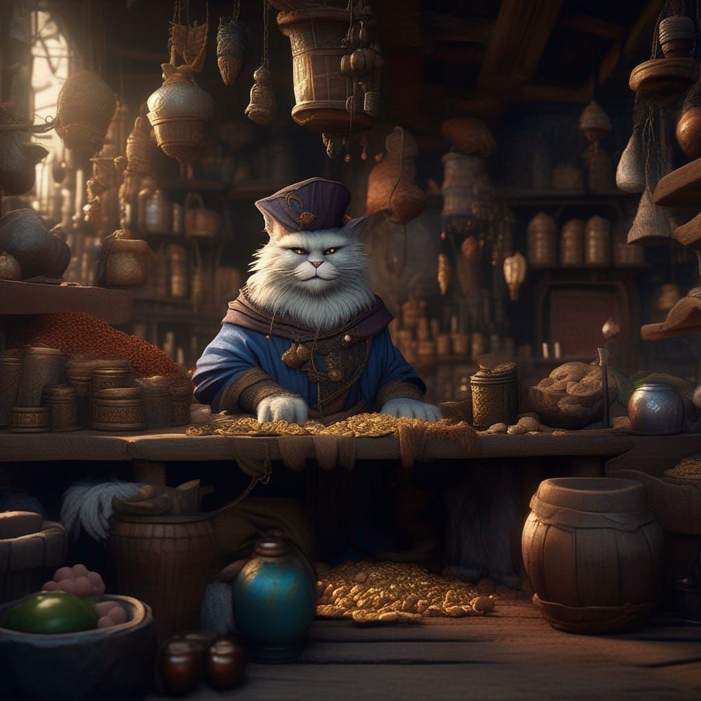 Wise Old Cat Merchant: Detailed Matte Painting