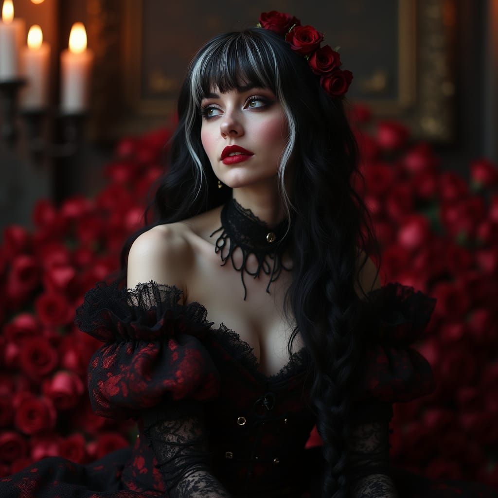 Gothic Woman in Victorian Gown with Roses
