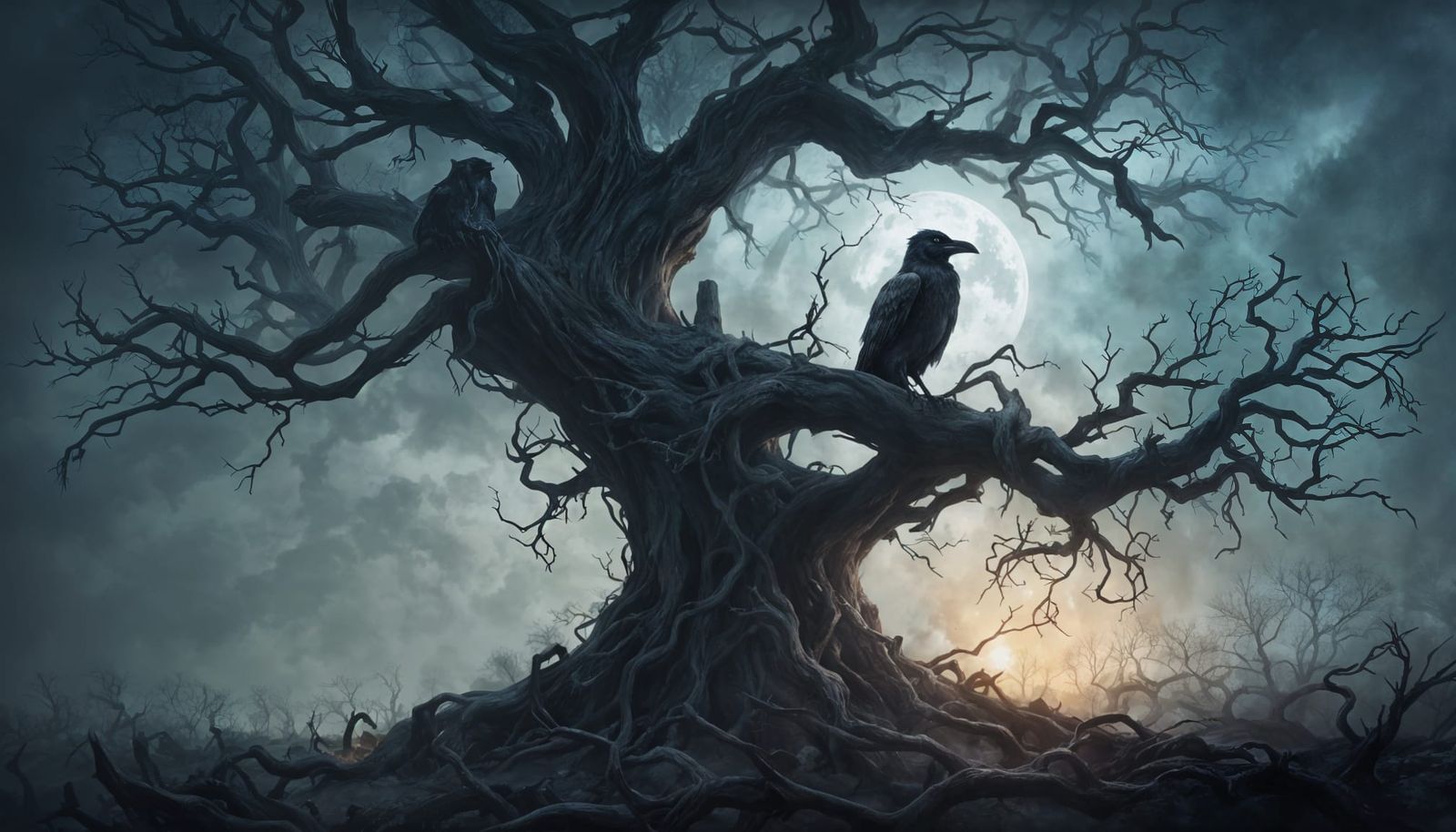 Gothic Raven on Ancient Oak in Misty Blackwood Forest