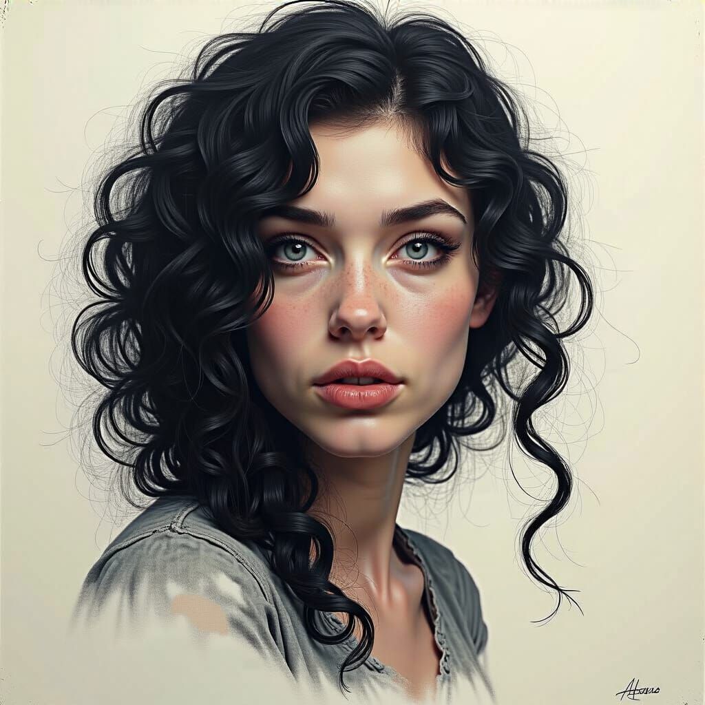 Expressive Charcoal Portrait of Woman with Curly Hair