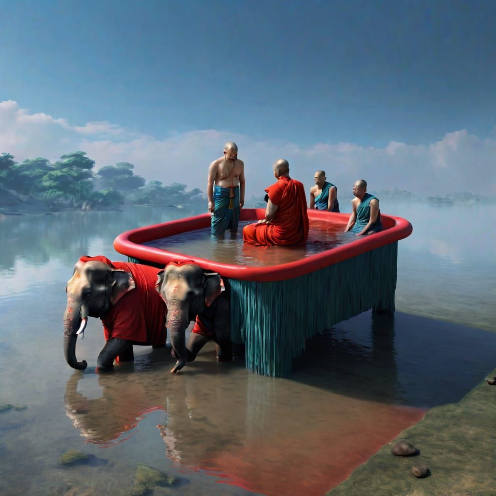 Buddhist Monks Surround a Glowing Red Elephant
