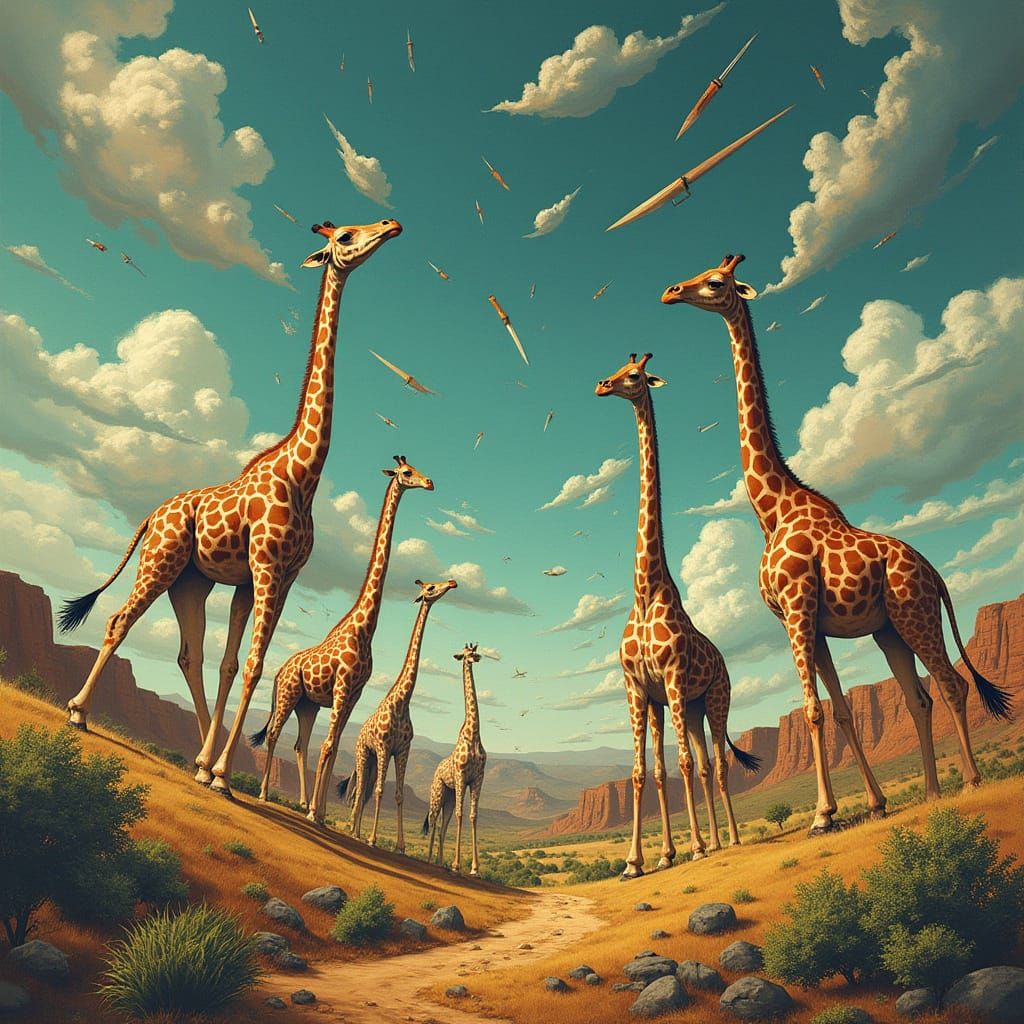 Surreal Giraffes Reach for Floating Knives in Warped Landsca...