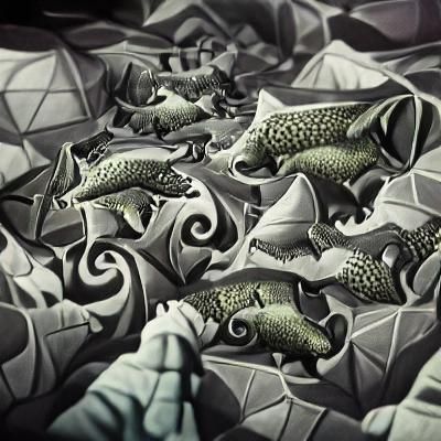 Escher Fish Tessellation in Matte Painting Style