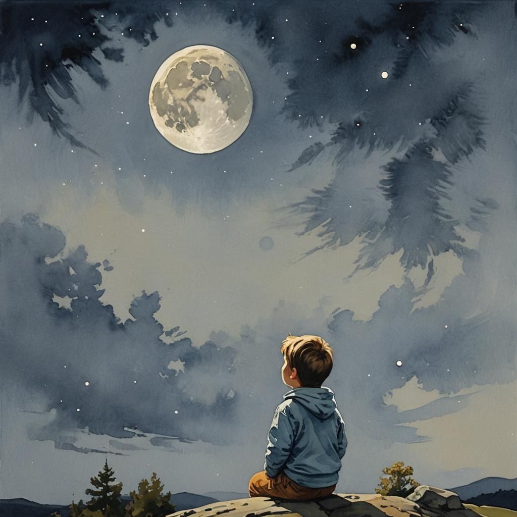 Child Gazing at Moon: Detailed Gouache Painting