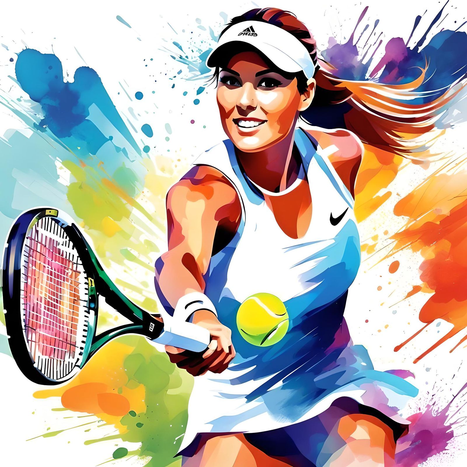 Tennis Girl in Action: Vector Watercolor Illustration