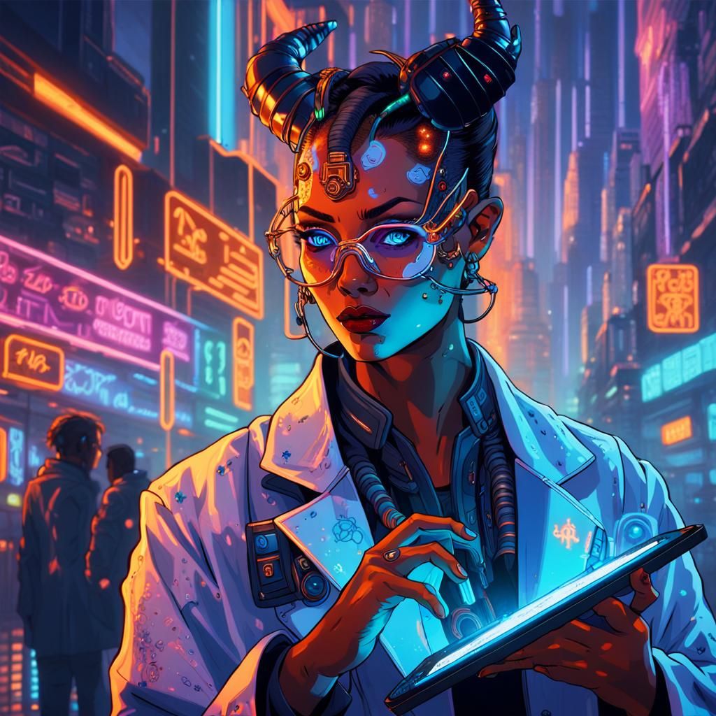 Cyberpunk Tiefling Nurse in Metropolis