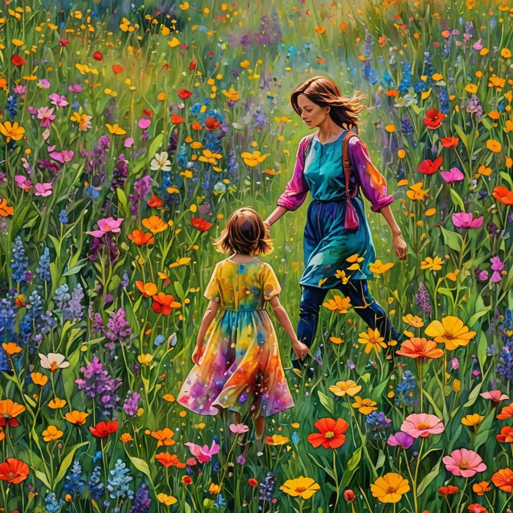 Woman in Wildflower Field, Mixed Media Double Exposure