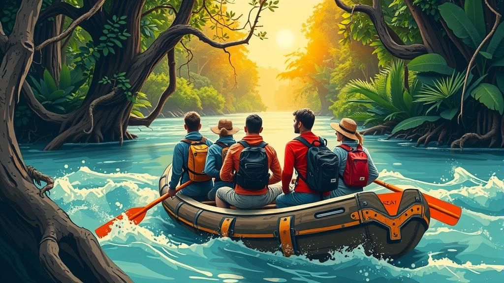 Adventurers on Amazon River Raft in Pop Art Style