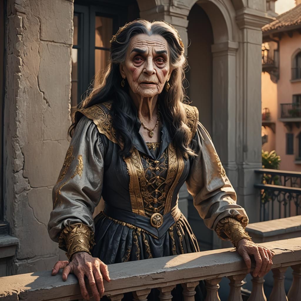 Transvestite Juliet on Balcony, Detailed Matte Painting