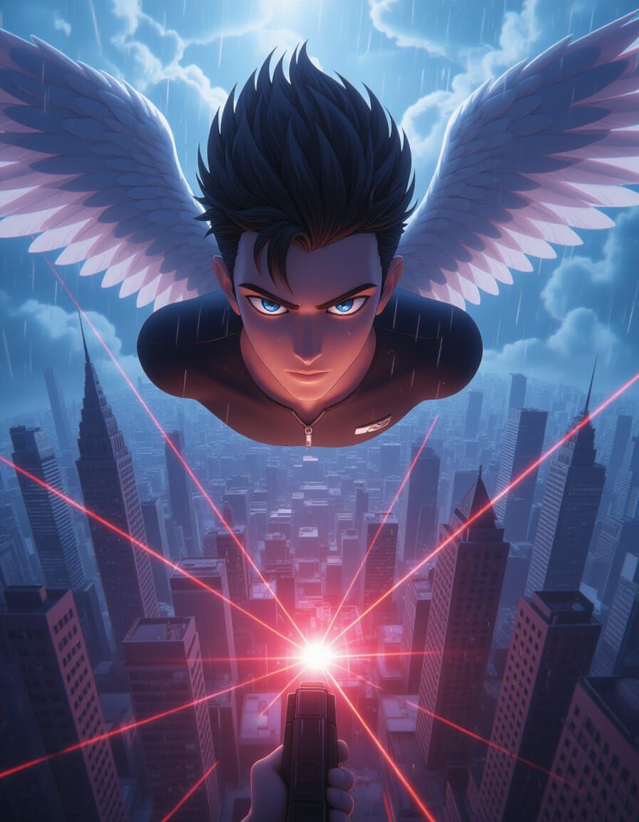 Fallen Angel with MP5 Floating Over City