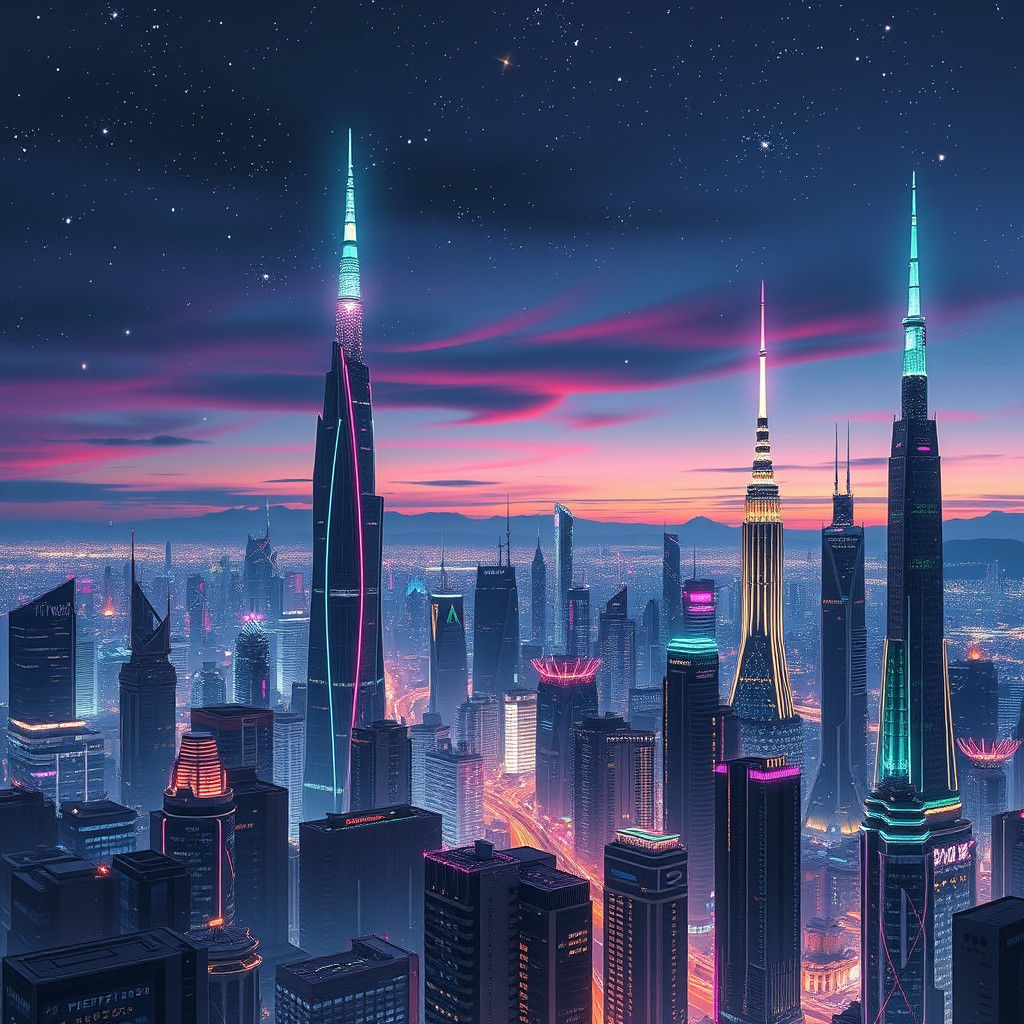 Futuristic Metropolis Aglow with Gems and Neon Lights