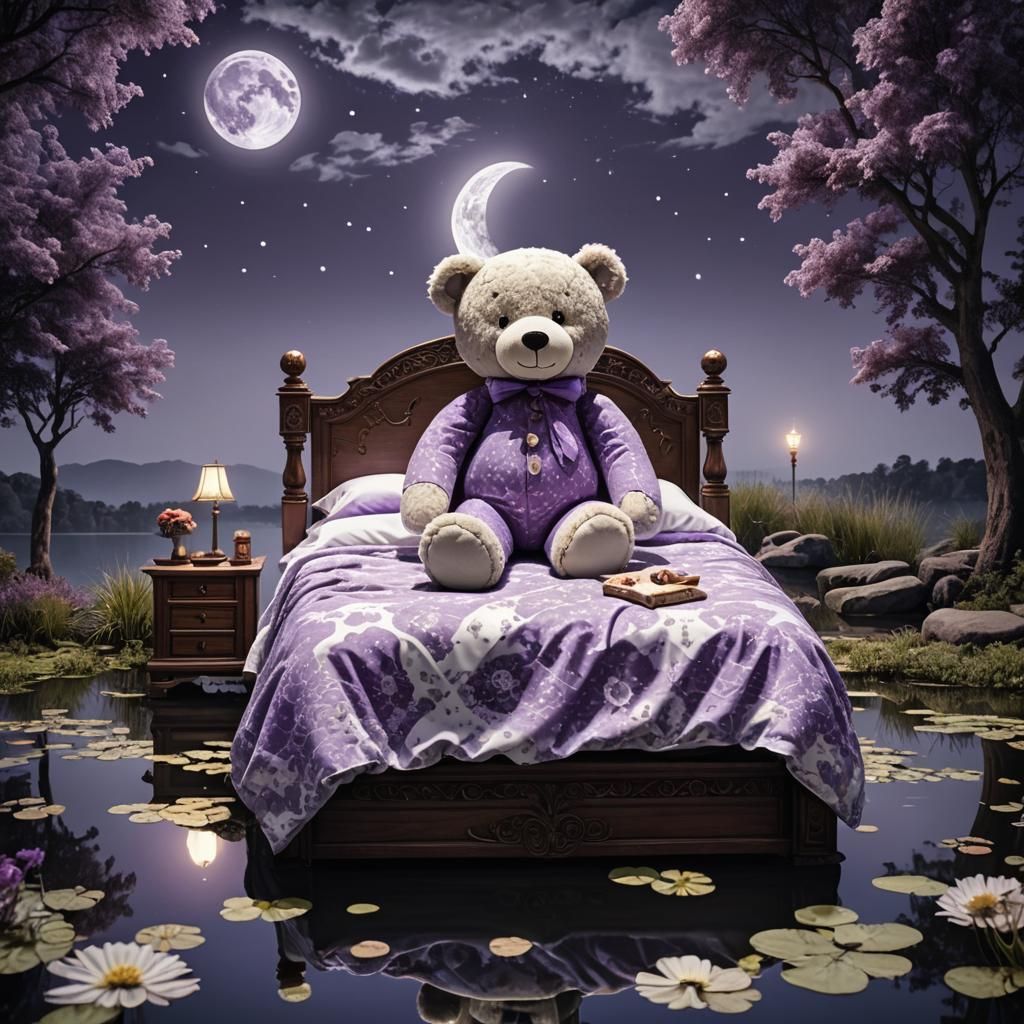 Floating Bed with Teddy Bear at Night