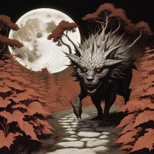 Dark Fantasy Creature Walks to the Moon