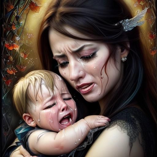Sad Mother and Child Portrait in Anime Style